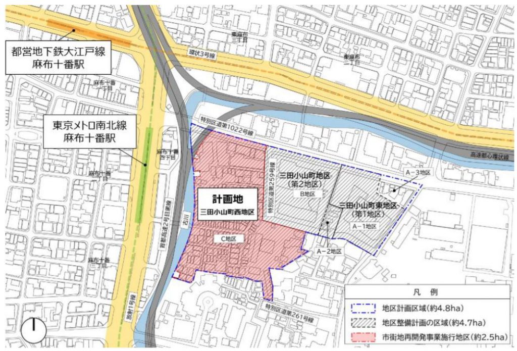 「三田小山町西地区第一種市街地再開発事業」の位置図