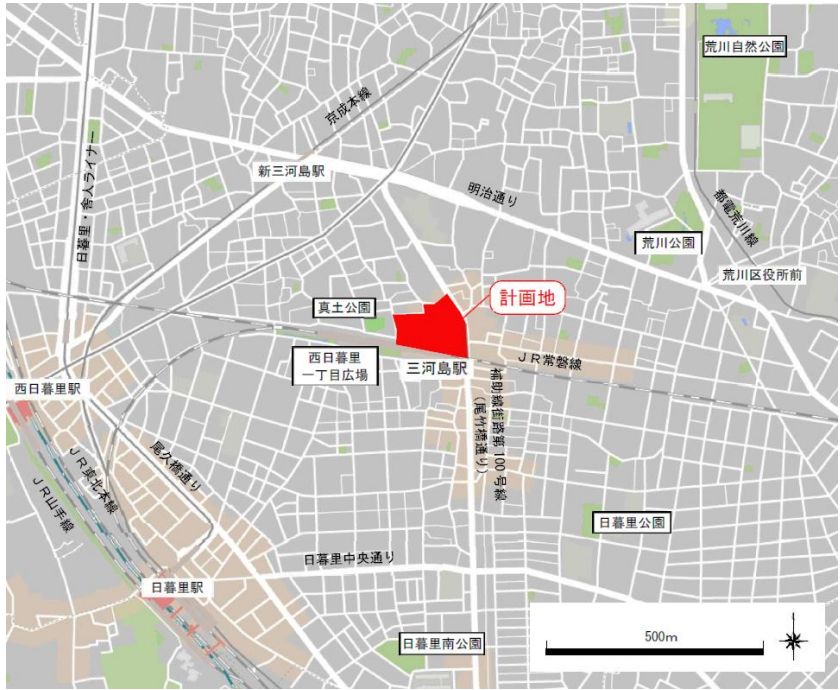 「三河島駅前北地区第一種市街地再開発事業」計画地地図