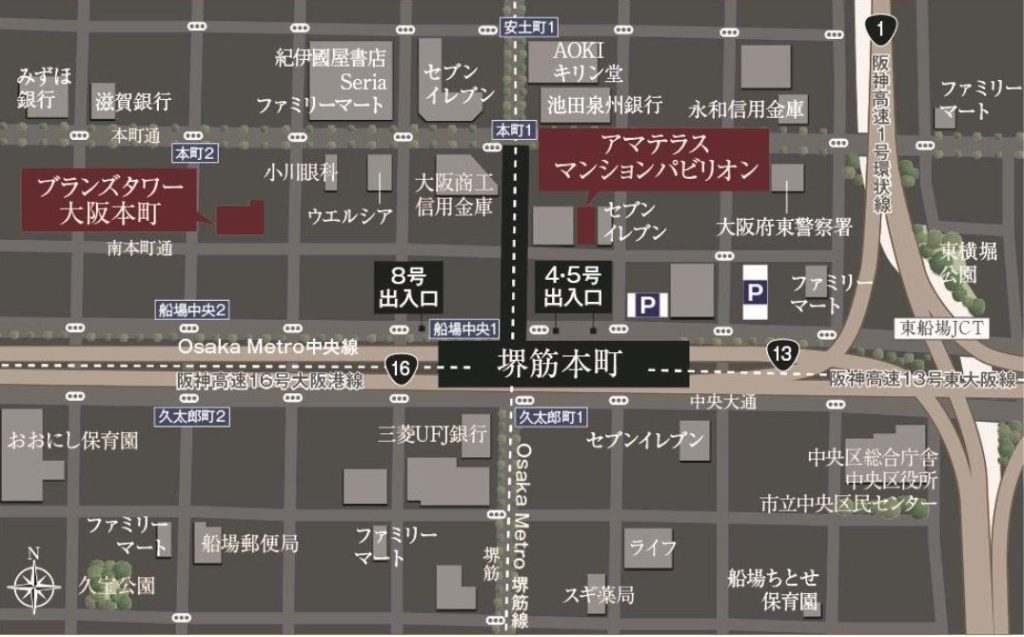 「ブランズタワー大阪本町」の現地案内図